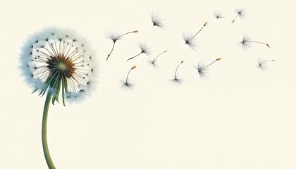 Dandelion flower seeds blowing away in wind. White fluffy pappus floats from blowball on simple background. Nature concept for making wish, change, freedom. Symbol of letting go, hope, new