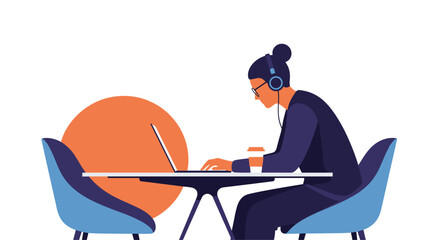 A person wearing headphones and glasses is working on a laptop at a table.
