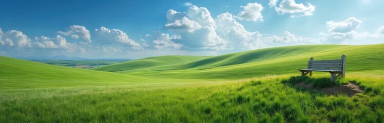Naklejka premium Green rolling hills stretch under bright blue sky. White clouds float above vast spring meadow. Lonely wooden bench sits on grassy slope. Calm rural landscape offers peaceful retreat for nature