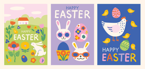 Happy easter clipart poster background set. Happy easter sunday wishes clip art collection with colorful abstract bunny, eggs, hen, chicken and flowers decoration elements. Illustration greeting card