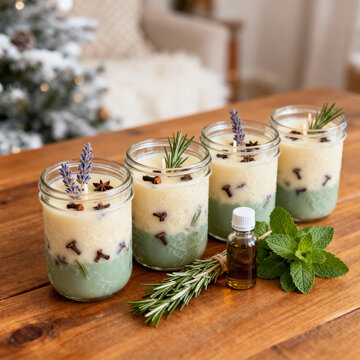 Scented candles in jars with herbs on wooden table during winter  