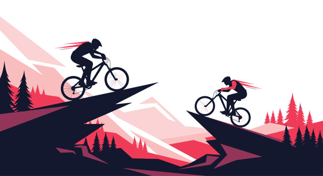 Two silhouette cyclists riding mountain bikes on rocky cliffs with red misty mountains in the background.