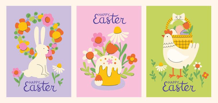 Happy easter clipart poster background set. Happy easter sunday wishes clip art collection with colorful abstract bunny, eggs, hen, Easter cake and flowers decoration elements. Illustration greeting