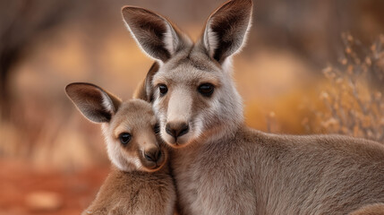 Fototapeta premium Ai mother kangaroo and joey nestled together in the Australian outback during sunset