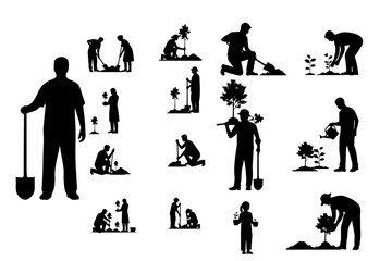 Naklejka premium Gardener planting and watering trees in a garden with silhouettes plant and flowering silhouette