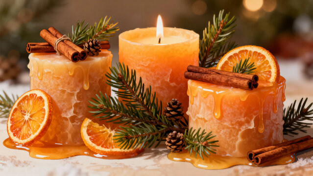 Three orange candles with cinnamon and pine sprigs for winter decor  