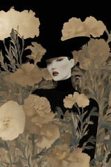 striking illustration featuring figure amidst golden flowers, exuding elegance and beauty. contrast of dark background intricate details of floral elements and figure