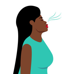 Mental health concept with pretty young African woman. Young girl doing breathing exercise. Care. Awareness, mindfulness and meditation. Flat vector illustration isolated on white background