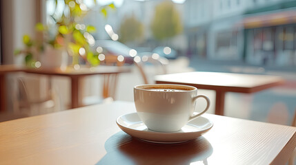 bright day with coffee cup on cafe table, warmth and comfort. soft light cozy , perfect for relaxation and enjoyment