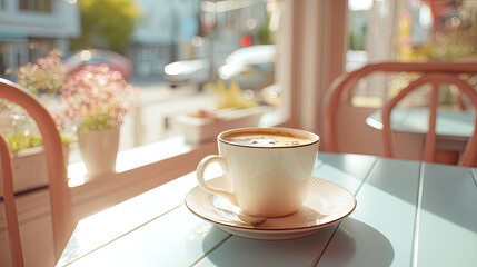 bright day with coffee cup on cafe table, surrounded by plants and view of street. warm sunlight creates cozy , perfect for relaxation