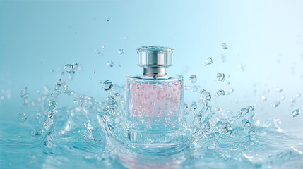 clear glass bottle filled with pink liquid is surrounded by splashes of water, creating refreshing and dynamic scene. soft blue background vibrant colors and adds sense of freshness