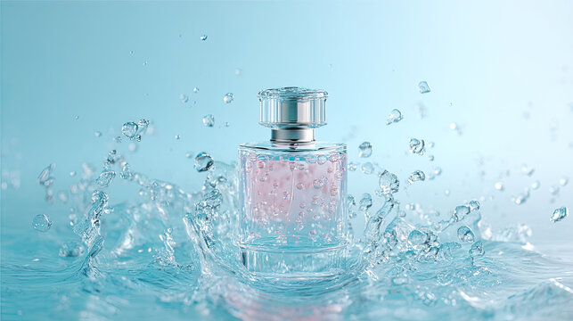 clear glass bottle filled with pink liquid is surrounded by splashes of water, creating refreshing and dynamic scene. soft blue background vibrant colors and adds sense of freshness