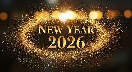New Year 2026 Celebration with Golden Sparkles and Bokeh Lights.