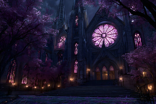 Enchanted gothic cityscape with moonlit cathedral and illuminated stained glass
