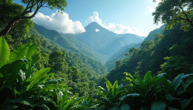 Rich green mountain valley with prominent peak under bright blue sky, fluffy clouds. Dense jungle foliage dominates foreground, creating vibrant natural landscape. Sunlight illuminates rolling hills. - Powered by Adobe