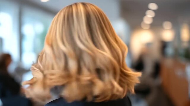 Rear three quarter view of woman's head showcasing dimensional blonde highlights and caramel lowlights individual color strands visible busy salon with stylists and clients