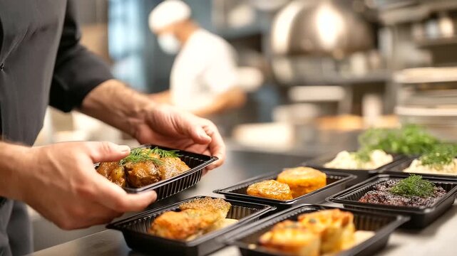 Restaurant chef's hands arranging prepared meals into disposable takeout containers multiple food items visible being portioned commercial kitchen equipment and cooking staff def