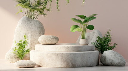 modern interior scene featuring circular stone platforms surrounded by lush greenery, including ferns and potted plants, set against soft pink background. design evokes sense of calm and harmony