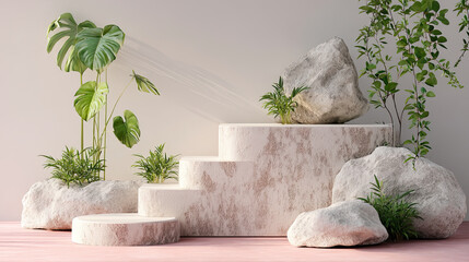Modern stone steps with greenery and rocks create natural aesthetic. arrangement features lush plants and textured stones, enhancing environment