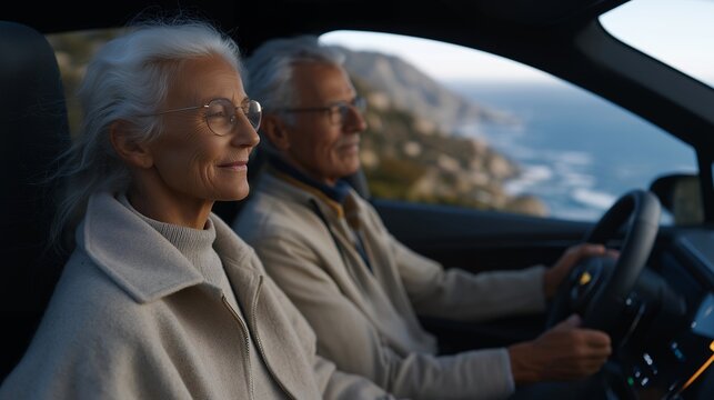 Elderly pair enjoying a scenic coastal drive in a futuristic electric vehicle with digital dashboard glowing, highlighting smart mobility, sustainable travel, and senior adventure lifestyle. - Powered by Adobe