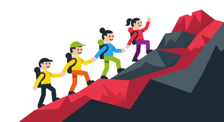 People Hiking Together, Reaching Mountain Peak, Teamwork and Achieving Goals