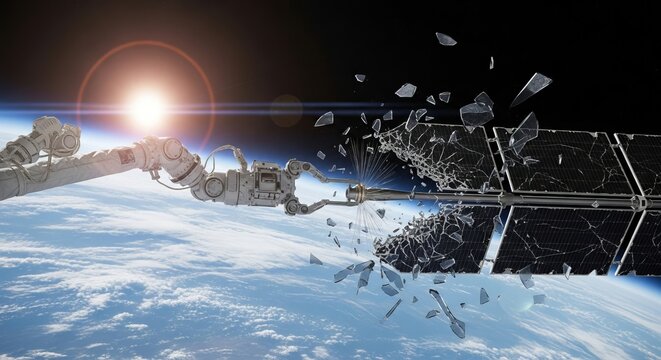 Robotic Arm Breaking Satellite Solar Panel Over Earth