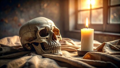 Skull sits beside a lit candle near a window, light shining through, draped on cloth