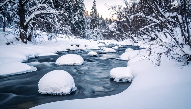 Snowy river flows between snow-covered banks lined with trees under a pastel sky at dusk