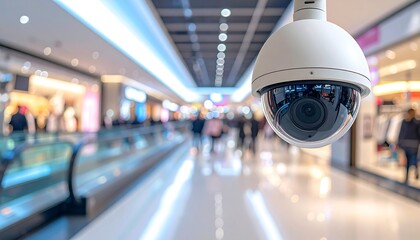 Security camera in a busy, bright mall, capturing people shopping with escalators in the background
