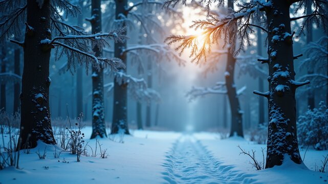 chrismas tree branches in the forest; morning light; blue xmas holiday winter natural background; widescreen backdrop; copy space
 - Powered by Adobe