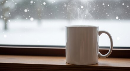 Steaming white mug on a wooden windowsill overlooking a snowy outdoor scene with falling snowflakes. Cozy winter concept for holiday and seasonal imagery.