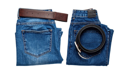 Casual Denim Jeans With Leather Belt And Belt Loop, Folded Fabric Wardrobe Essentials