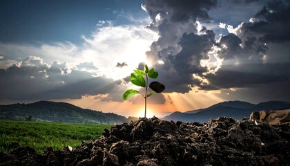Seedling emerges from soil against a background of dramatic sky and mountains, symbolizing growth