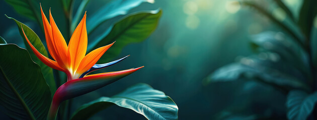 Closeup shot displays vibrant orange bird of paradise bloom among foliage. Exotic flower contrasts against tropical background. Detailed vibrant flora adds tropical elegance, captures floral beauty.