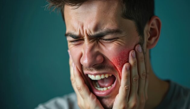 Closeup of man with face grimace holds cheek. Male feels strong tooth pain, inflammation or swelling. Person suffers from dental problem, needs medical care. Health issue causes discomfort.