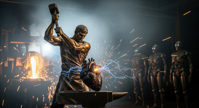 A blacksmith forges a mechanical-organic heart on an anvil for biorobots and cyborgs.