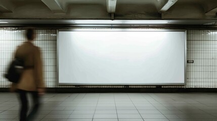 An Empty Subway Station Wall Ready for Advertisement or Informational Display with a Passing Commuter in Motion