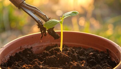 Seedling sprouts in a pot as gardening tool adds soil, sunlight bokeh in background