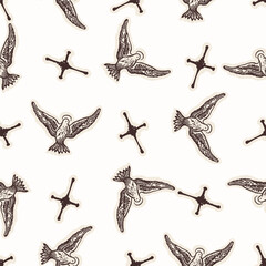 Christian holy dove hand drawn seamless vector pattern. Religious home decor background for sunday school bible study motif. Reflection candle symbol all over print. 