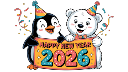 Cute penguin and polar bear celebrate happy new year 2026