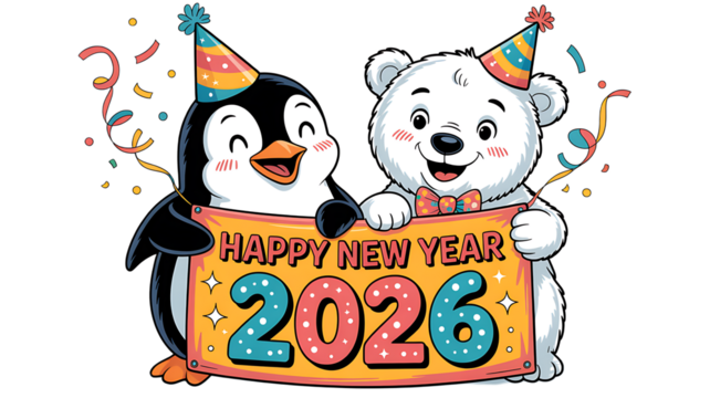 Cute penguin and polar bear celebrate happy new year 2026 - Powered by Adobe