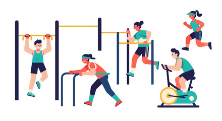 People Doing Exercise Outdoor With Various Calisthenics And Cardio Training Elements