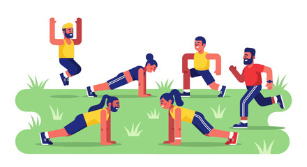 Fototapeta premium People Doing Workout Outdoors in Nature, Group Fitness and Healthy Athletic Lifestyle