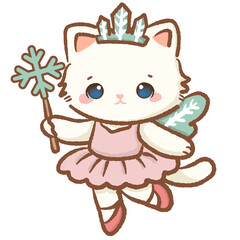 Kawaii white cat dressed as snowflake fairy with wings and wand pastel Christmas clipart perfect for Nutcracker ballet cards winter decor wrapping paper crafts and cute holiday art