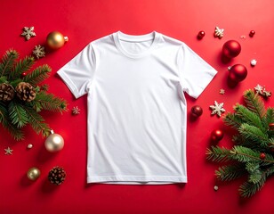 Mockup t-shirt blanc No&euml;l &ndash; flat lay festif avec d&eacute;corations rouges et pin