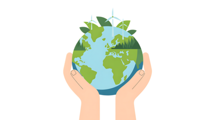 Hands gently holding a lush green earth with wind turbines