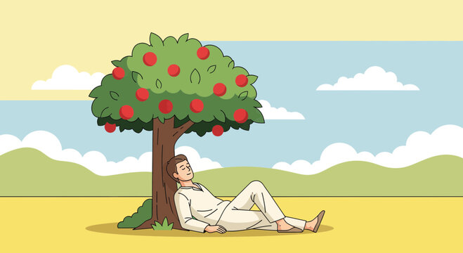 Peaceful Moment: A Man Relaxes Under a Fruit Tree on a Gentle, Sunny Day