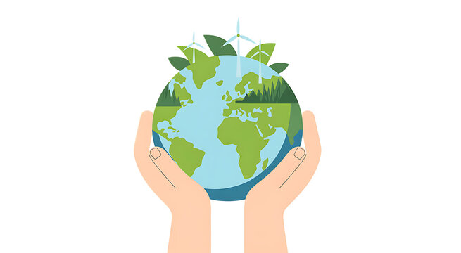 Hands gently holding a lush green earth with wind turbines - Powered by Adobe