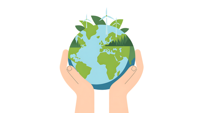 Hands gently holding a lush green earth with wind turbines