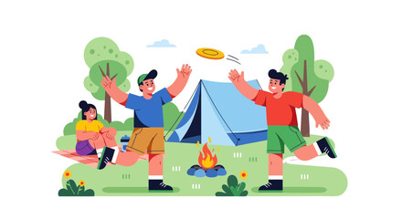 Naklejka premium People Enjoying Leisure Time And Camping Outdoors With Frisbee and a Campfire